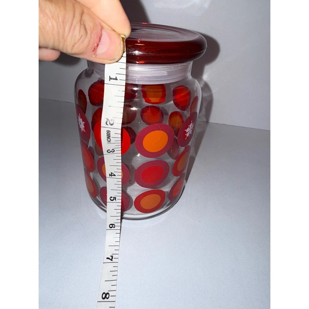 Vintage Red Orange Polka Dot Snowflake Glass Canister Jar with Red Lid 6in